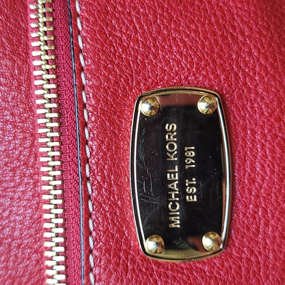 Red Leather Michael Kors Shoulder Handbag Purse Zipper Closure - Picture 7 of 16